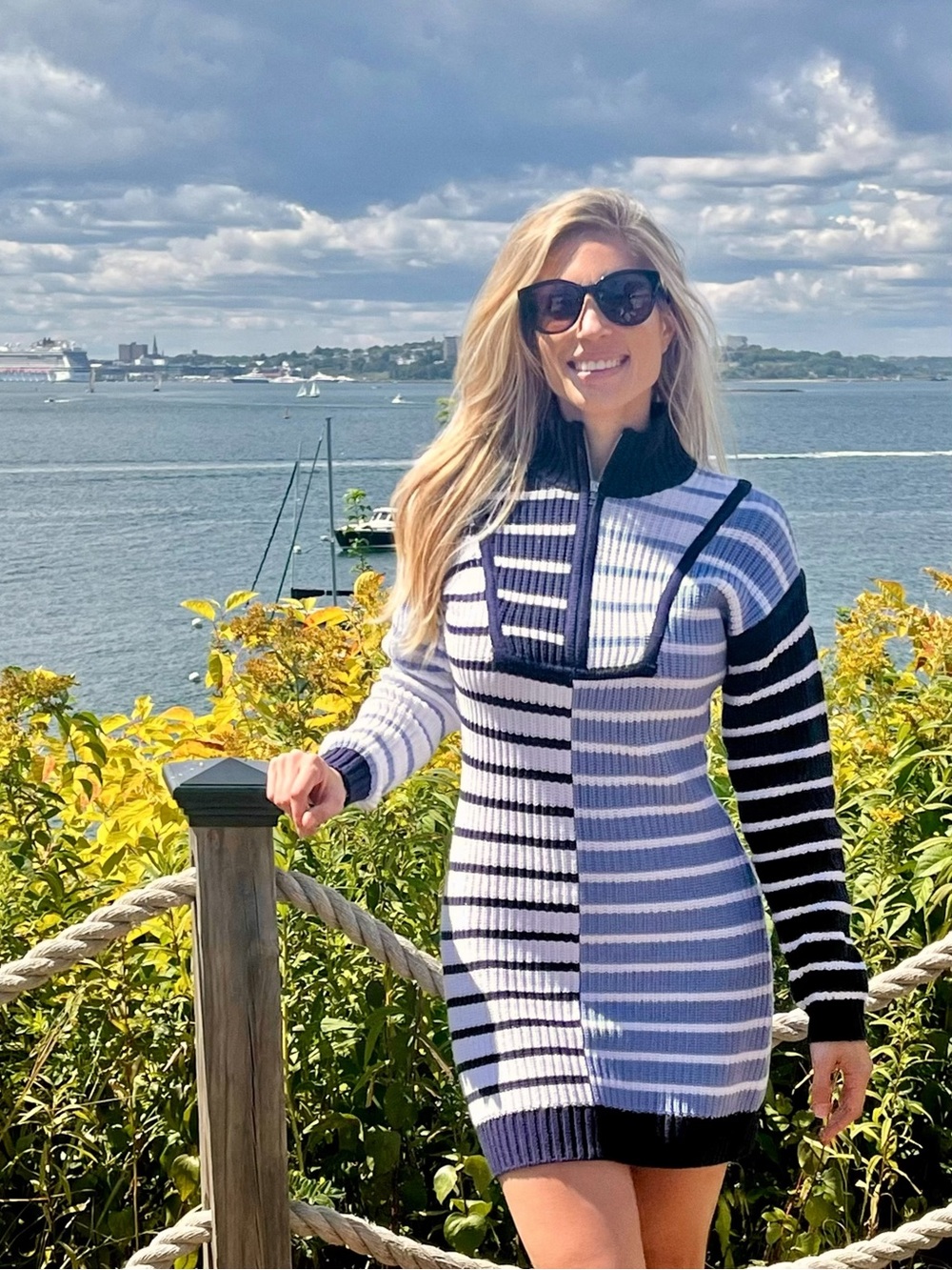 STAUD Striped Rib-Knit Quarter Zip Neck Sweater Dress in Navy and White